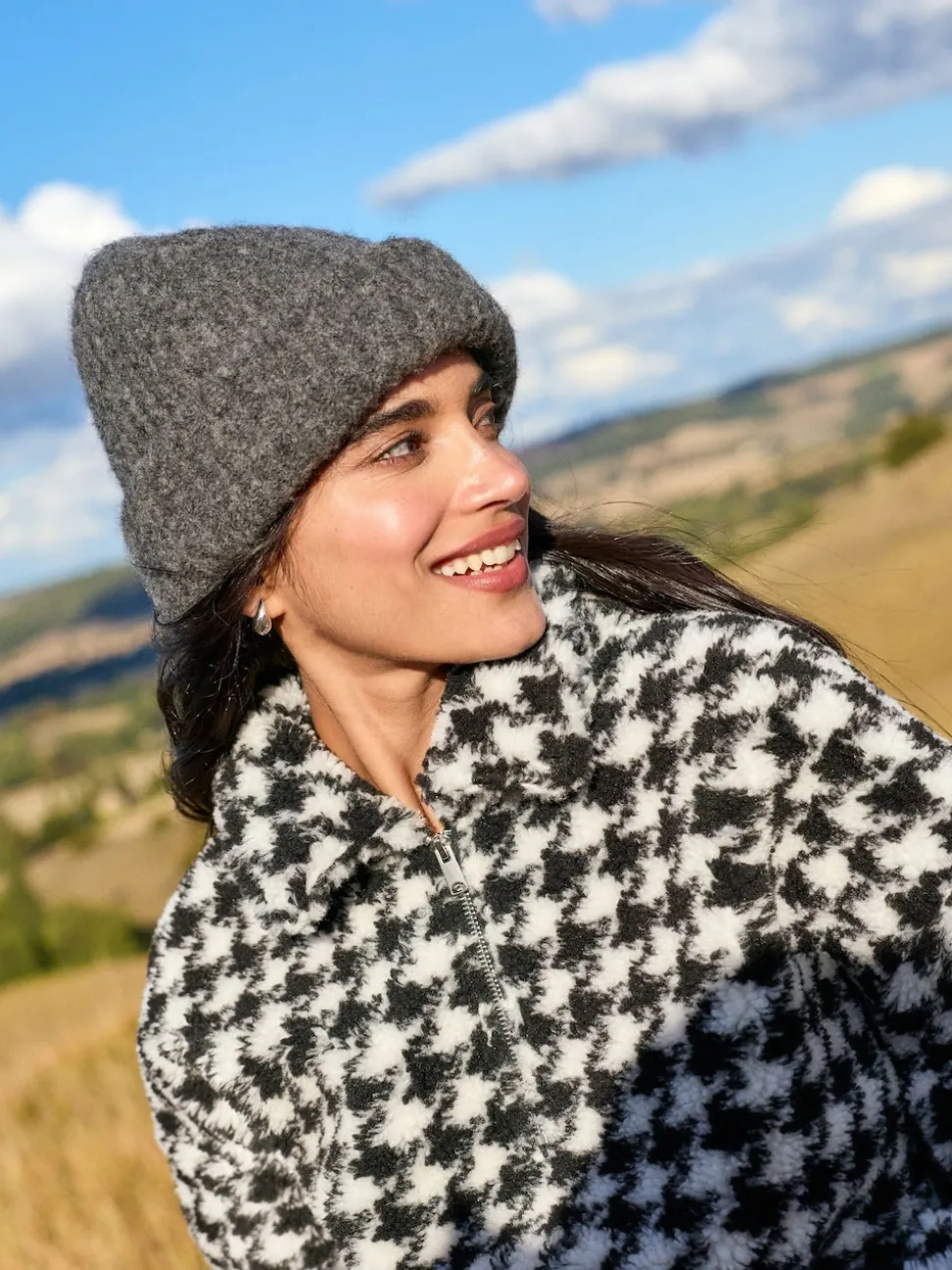 Carreaux noir/blanc à dents de poule - Sweat-shirt en polaire jacquard Teddy Borg à quart de zip