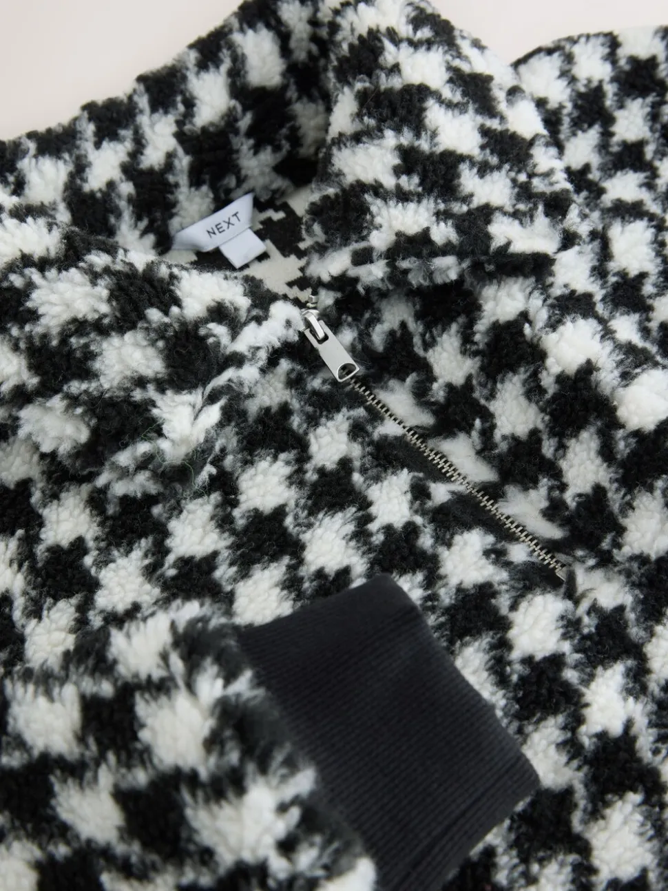 Carreaux noir/blanc à dents de poule - Sweat-shirt en polaire jacquard Teddy Borg à quart de zip
