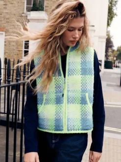 Carreaux vert fluo/bleu - Veste sans manches brossée en maille zippée