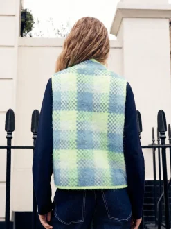 Carreaux vert fluo/bleu - Veste sans manches brossée en maille zippée