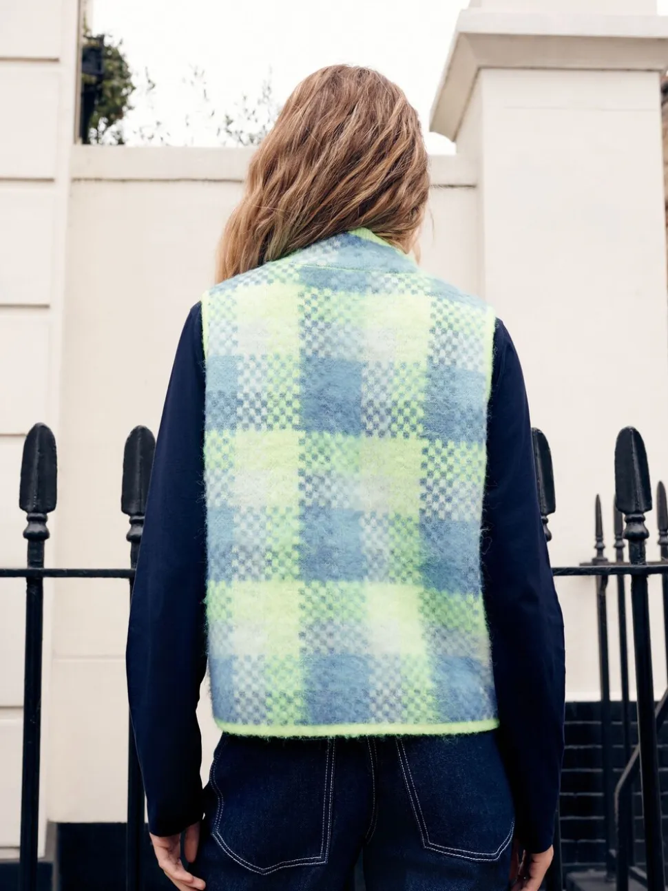 Carreaux vert fluo/bleu - Veste sans manches brossée en maille zippée