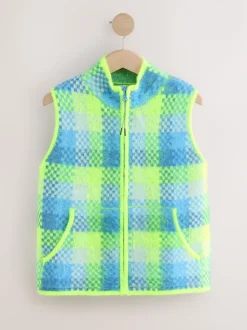 Carreaux vert fluo/bleu - Veste sans manches brossée en maille zippée