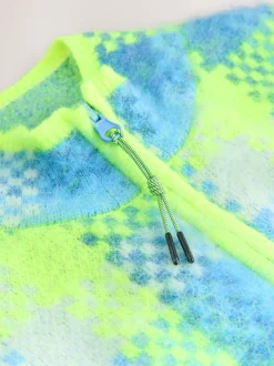 Carreaux vert fluo/bleu - Veste sans manches brossée en maille zippée