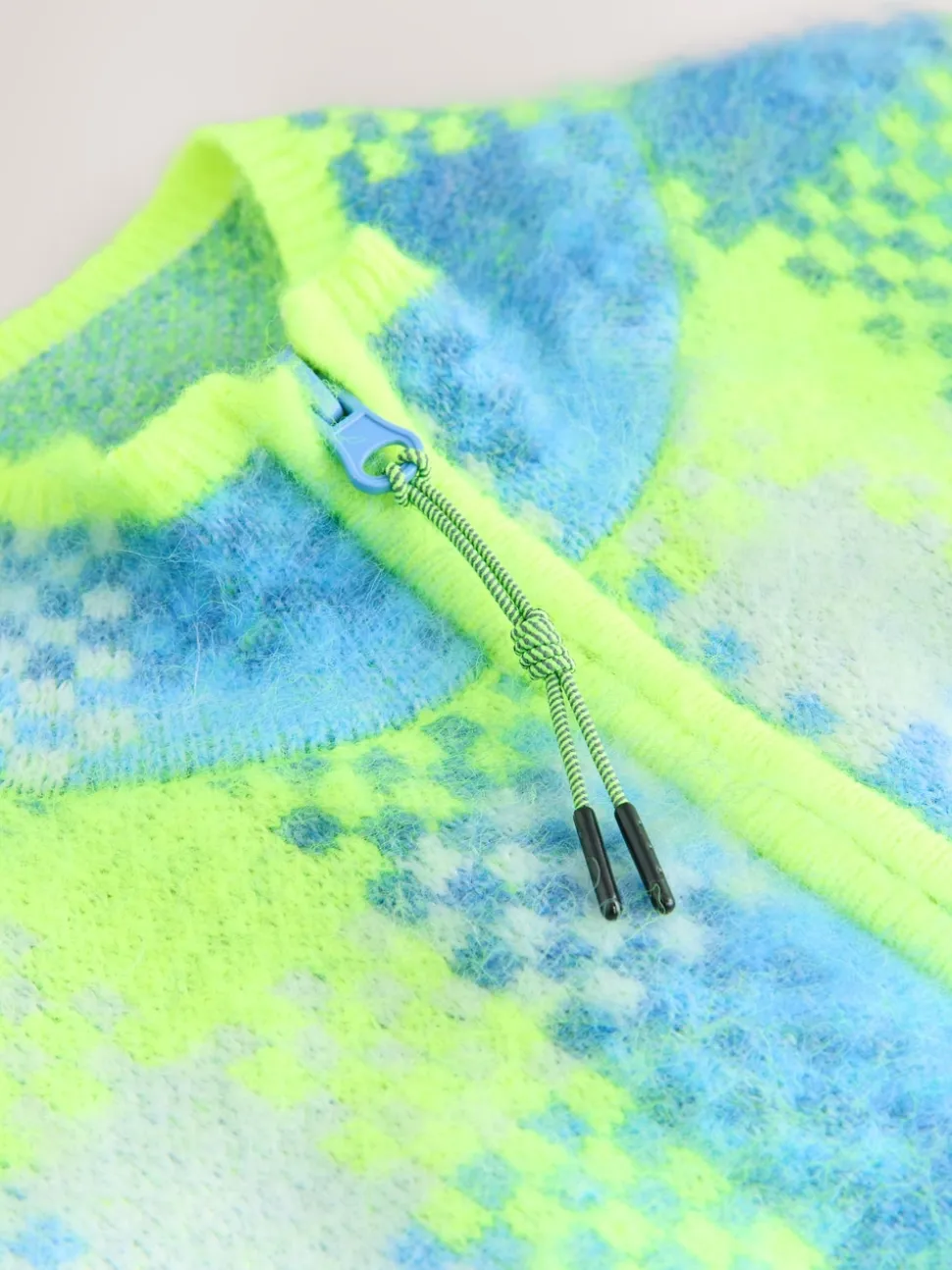 Carreaux vert fluo/bleu - Veste sans manches brossée en maille zippée