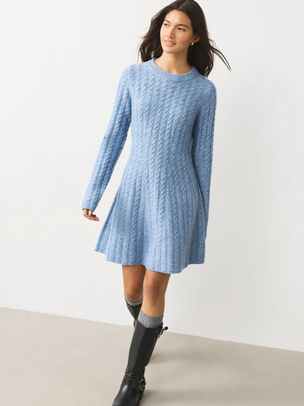 Chambray bleu - Robe mini pull en maille torsadée