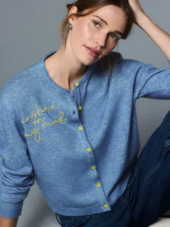 Chambray bleu avec ornements - Cardigan tricoté à Col rond en laine