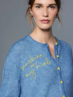 Chambray bleu avec ornements - Cardigan tricoté à Col rond en laine