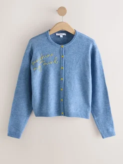 Chambray bleu avec ornements - Cardigan tricoté à Col rond en laine