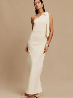 champagne - Robe de demoiselle d’honneur Maxi à une épaule avec nœud
