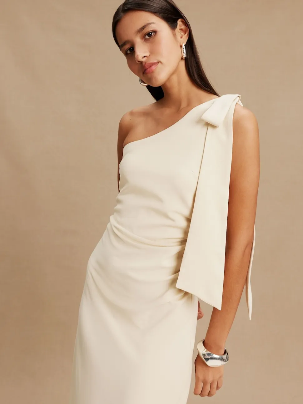 champagne - Robe de demoiselle d’honneur Maxi à une épaule avec nœud