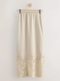 Champagne doré - Jupe mi-longue en satin bordée de dentelle