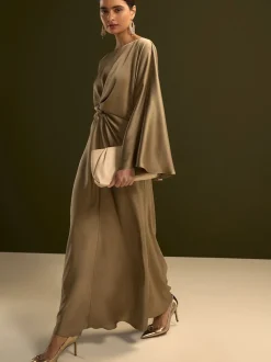 Champagne doré - Robe longue en satin à manches longues torsadée sur le devant
