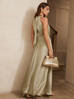 Champagne doré - Texture Satin Licol Sans manches Mi-long Robe