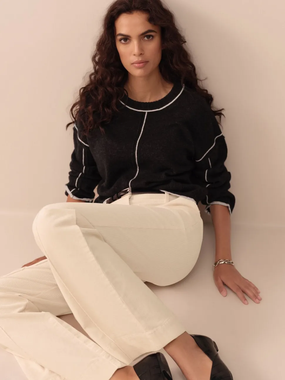 Charbon à liserés - Pull ras du cou 100% laine d’agneau N.premium