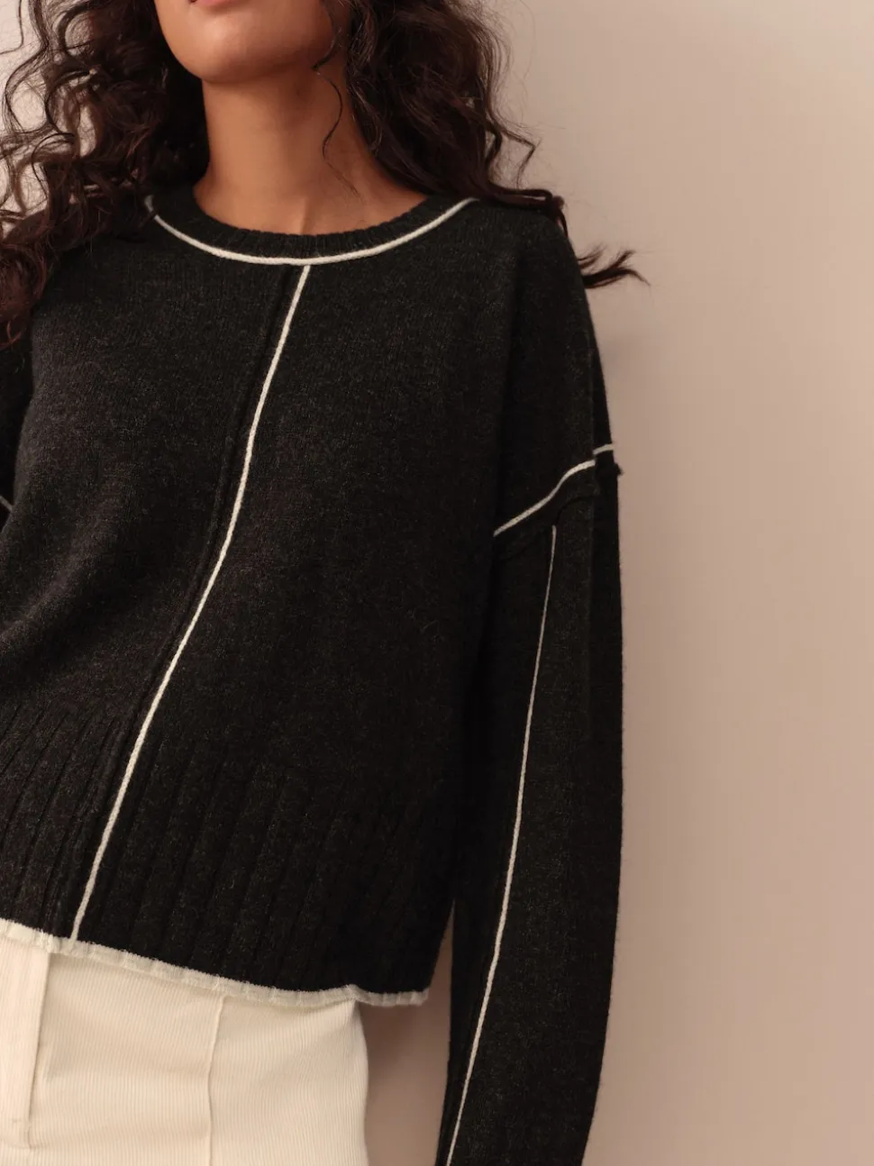 Charbon à liserés - Pull ras du cou 100% laine d’agneau N.premium