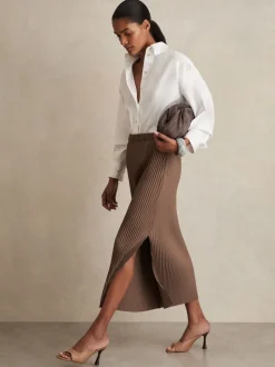 chocolat - Reiss Pippa Jersey plissé Mi-long Jupes