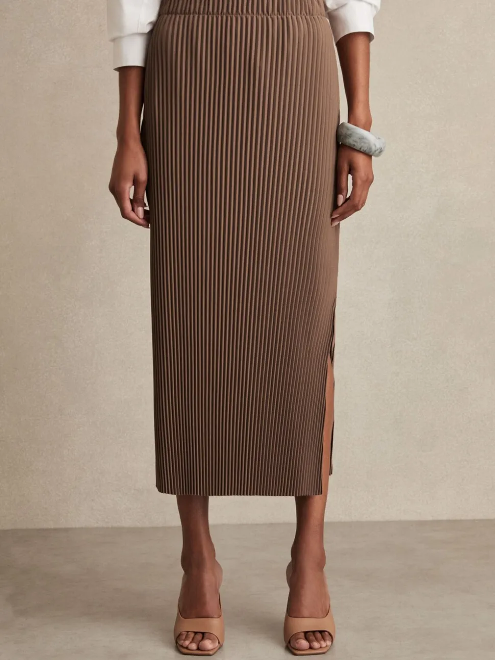 chocolat - Reiss Pippa Jersey plissé Mi-long Jupes