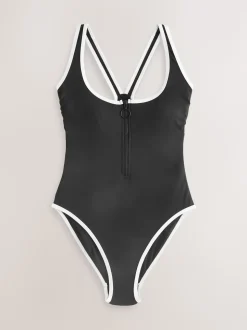 Contraste noir/blanc - Maillot de bain avec fermeture éclair et contrôle du ventre