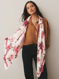 Cream/Rouge à fleurs - Écharpe légère