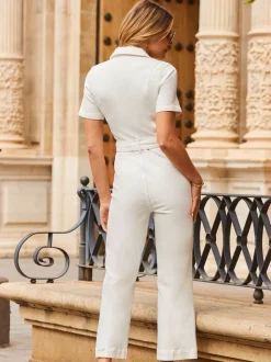 Crème - Combinaison Sosandar en jean avec ceinture à anneau D