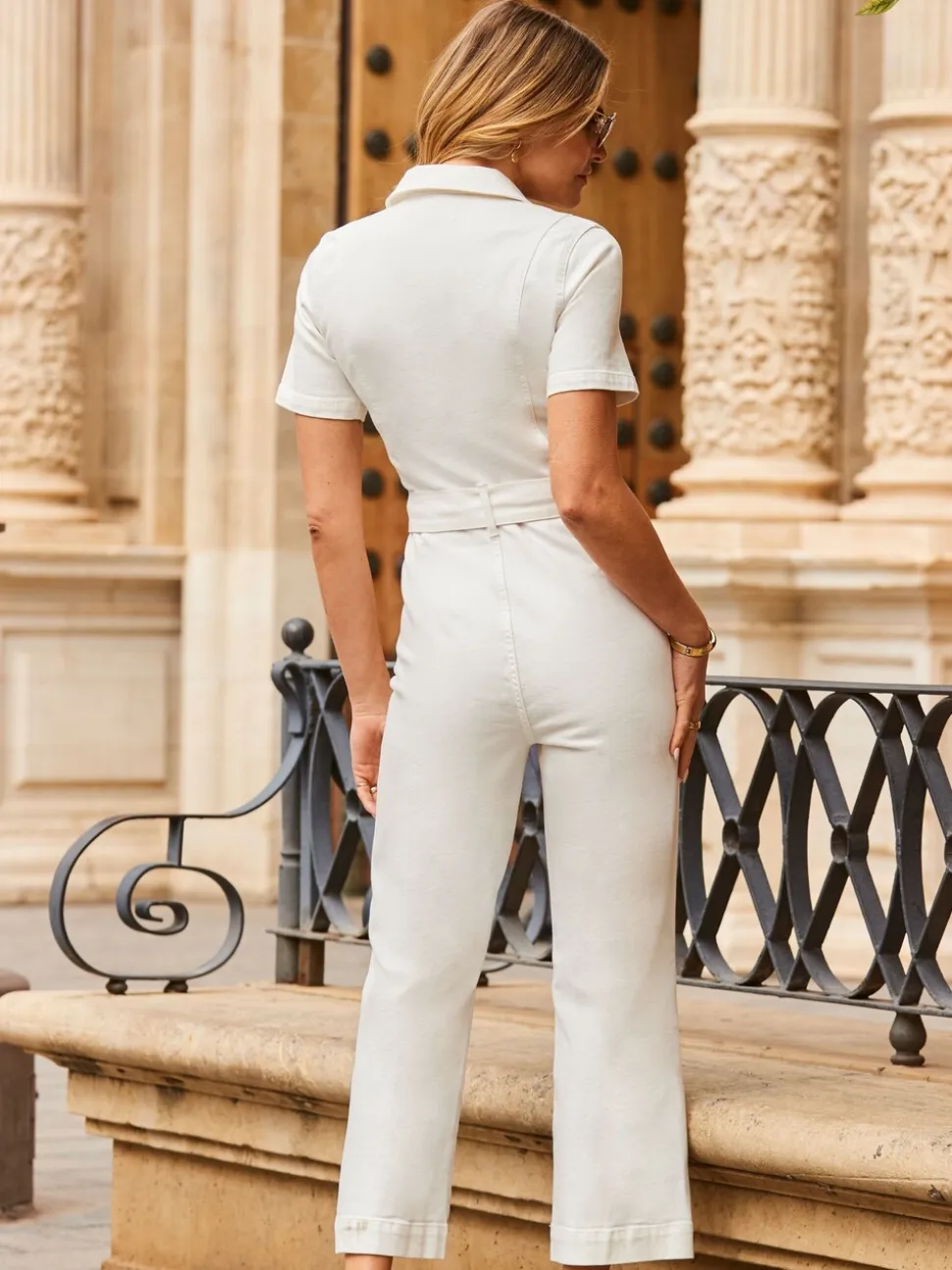 Crème - Combinaison Sosandar en jean avec ceinture à anneau D