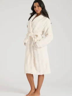 Crème - Robe de chambre mi-longue Loungeable en polaire à col châle