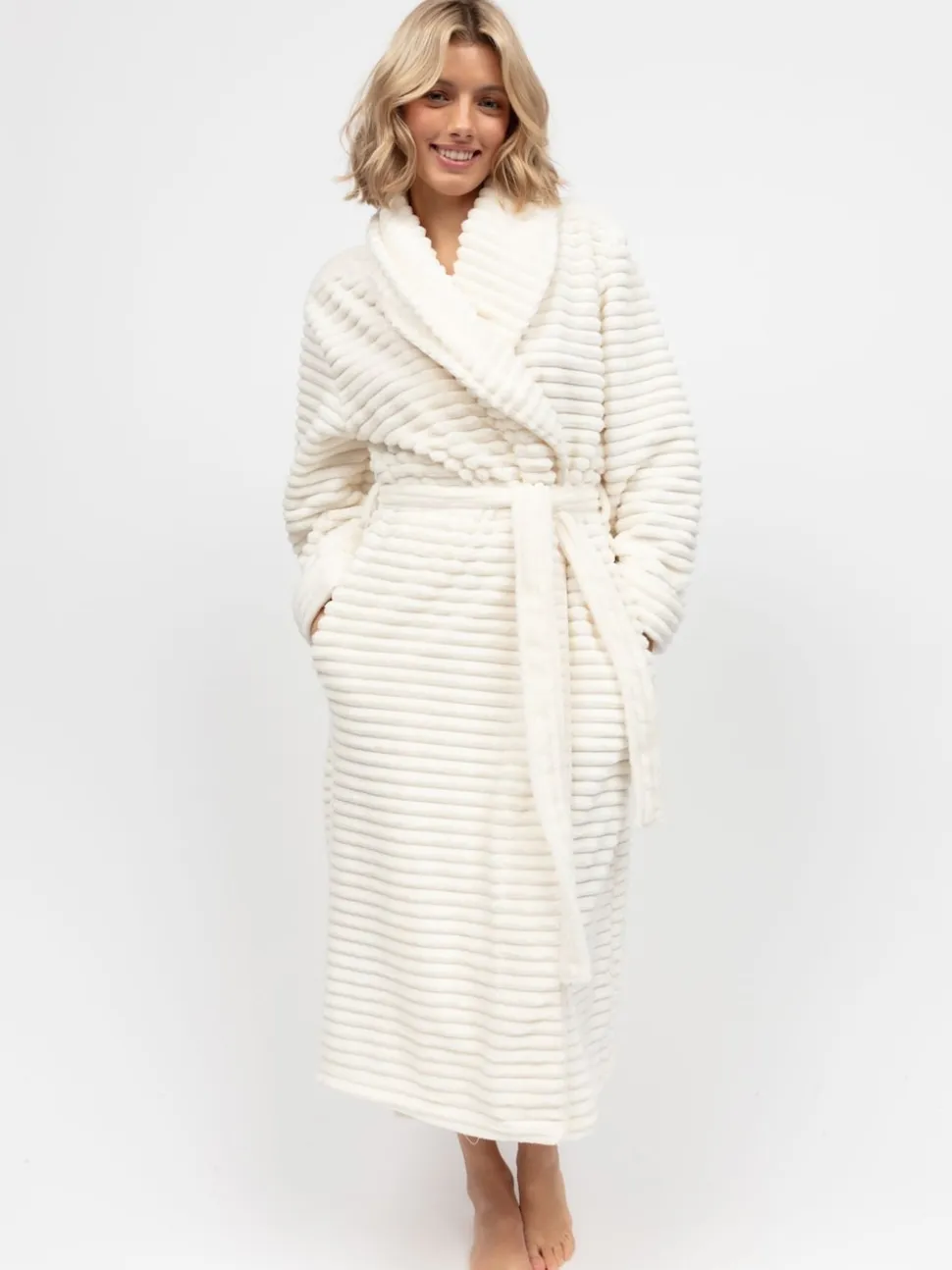 Crème - Robe de chambre rayée en peau de phoque molletonnée Cyberjammies