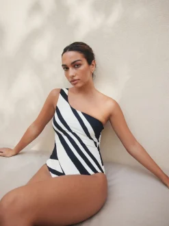 Crème/noir à rayures - Maillot de bain dos nu à une épaule