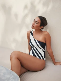 Crème/noir à rayures - Maillot de bain dos nu à une épaule