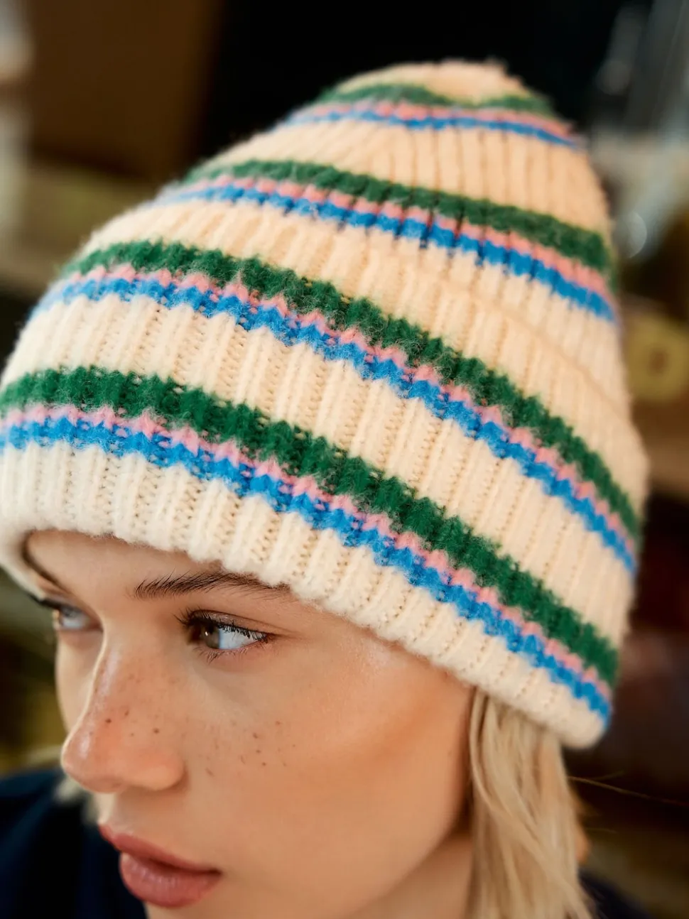 Crème/rose/vert - Bonnet en maille