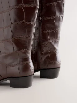 Croco Marron chocolat en relief - Bottes Forever Comfort® hauteur genou à bout pointu