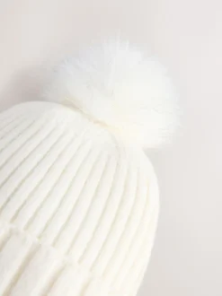 écru - Bonnet à pompon en maille côtelée