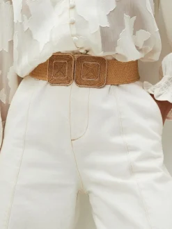 Écru - Ceinture large effet raphia à boucle carrée