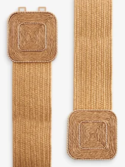 Écru - Ceinture large effet raphia à boucle carrée