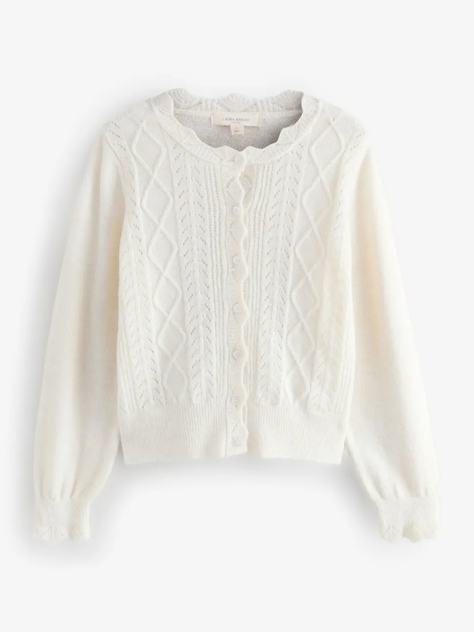 écru - Laura Ashley Cardigan boutonné pointelle et festoncles avec une touche de laine