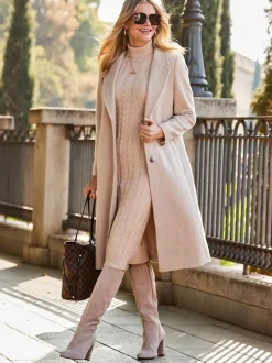 Écru - Manteau Sosandar Premium long en laine mélangée
