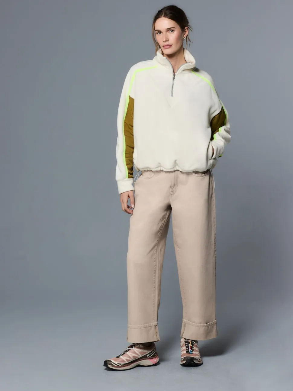 écru - Polaire à demi-zippée avec panneaux color block