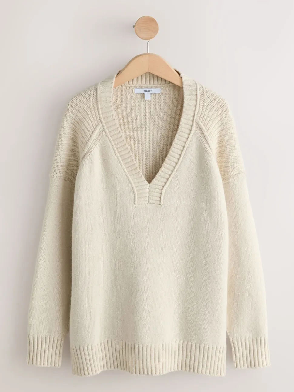 écru - Pull long à col en V en coton et laine mélangés