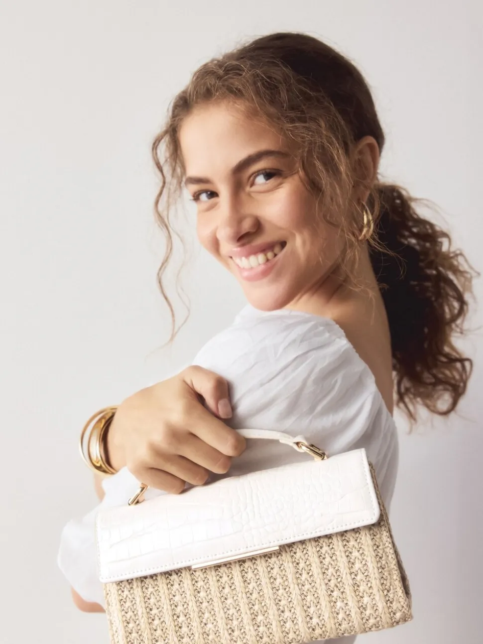 Écru - Sac à poignée supérieure effet raphia