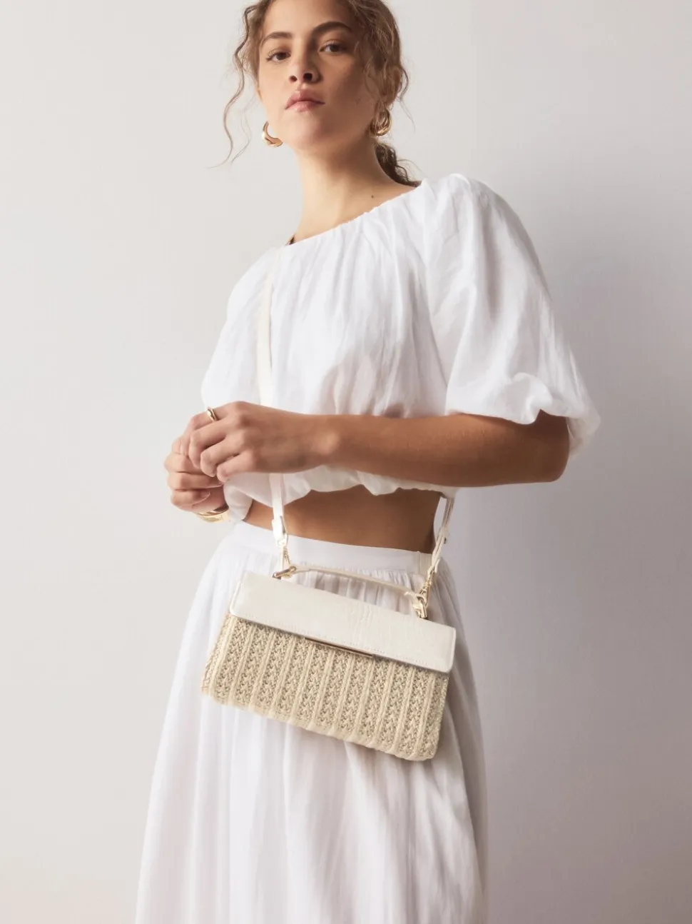 Écru - Sac à poignée supérieure effet raphia