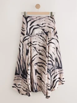 Écru imprimé zèbre - Jupe mi-longue asymétrique en satin effet froissé