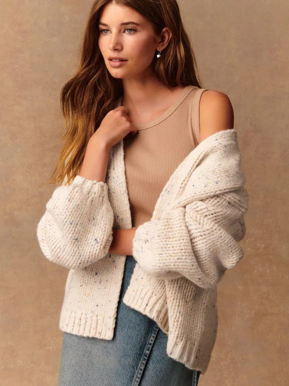 Écru moucheté - Cardigan en grosse maille doux
