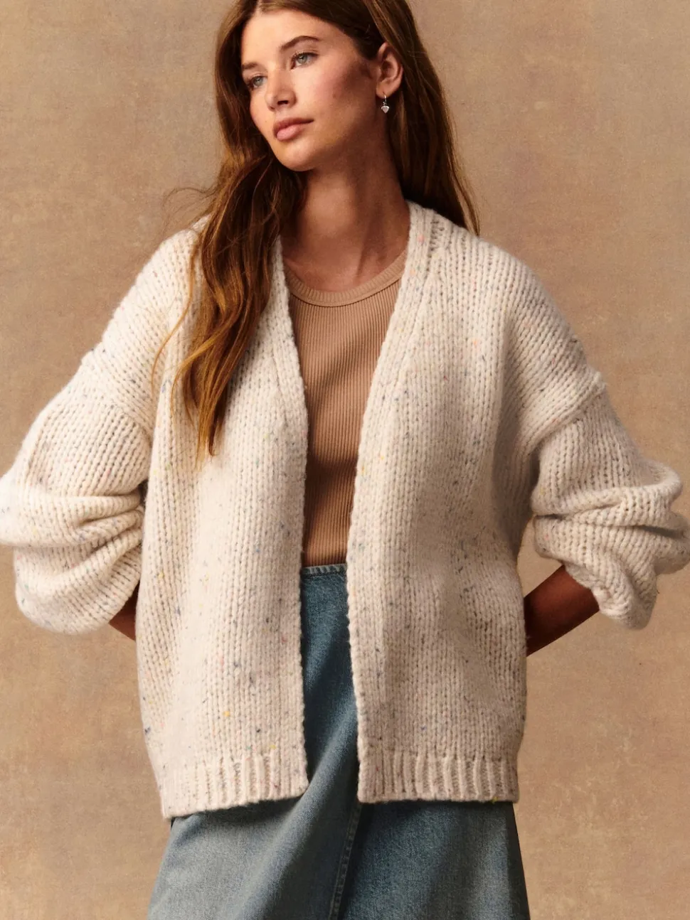 Écru moucheté - Cardigan en grosse maille doux