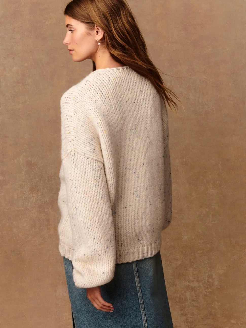 Écru moucheté - Cardigan en grosse maille doux
