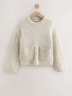 Écru moucheté - Pull col rond bouclé en laine