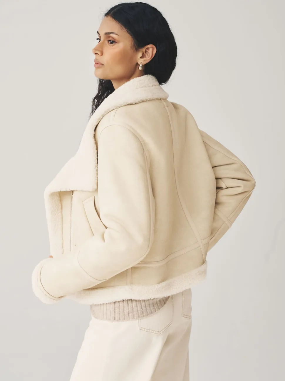 écrucrème - Veste aviateur à col cheminée doublé de peau de mouton