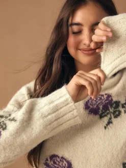 Écru/Violet Fleuri - Pull ras du cou avec laine