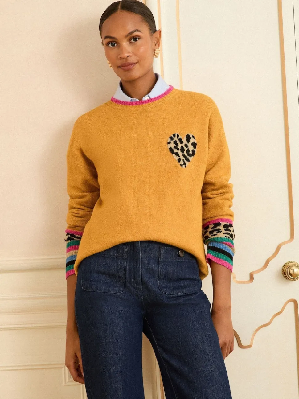Cœur Jaune Imprimé animal - Love & Roses Col rond Cosy Pull