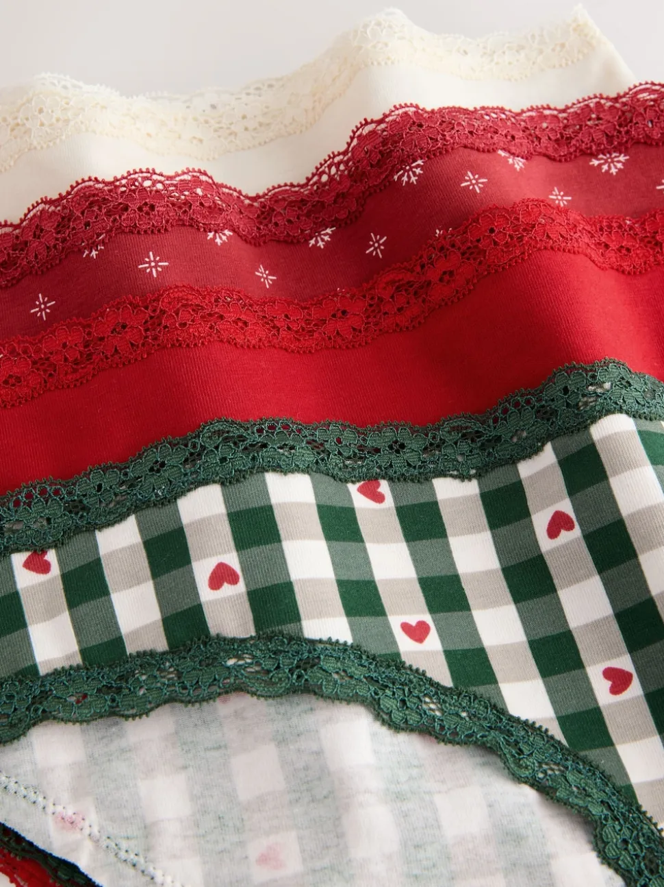 Cœur rouge/vert à carreaux - Lot de 4 culottes en coton et dentelle