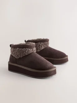 Daim marron chocolat - Bottes à plateforme en fausse fourrure en peau de mouton